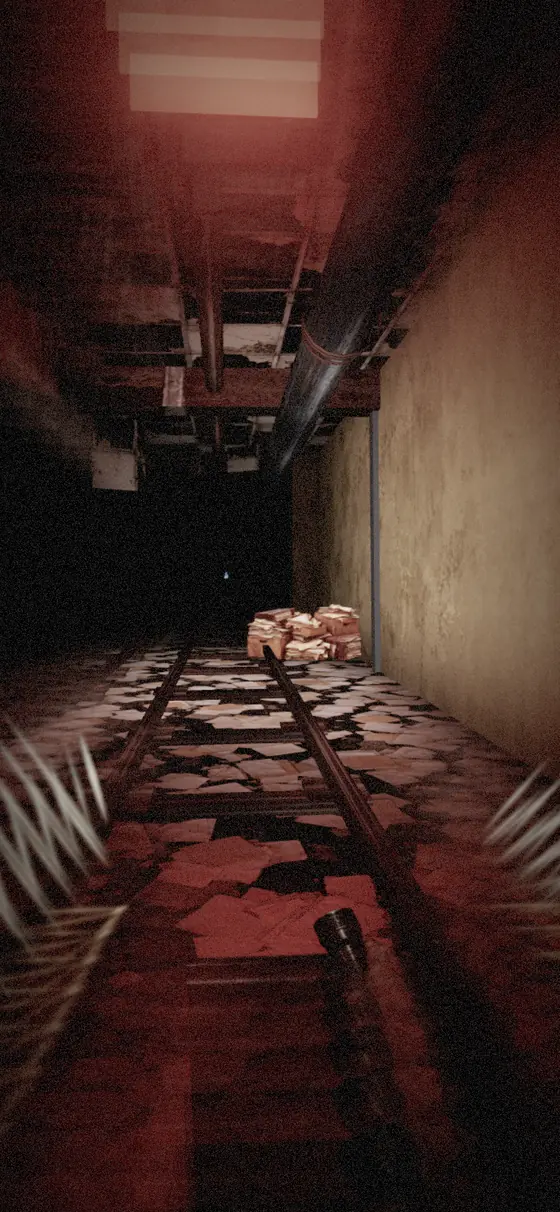 A red-lit ruined corridor with papers scattered over the rails.